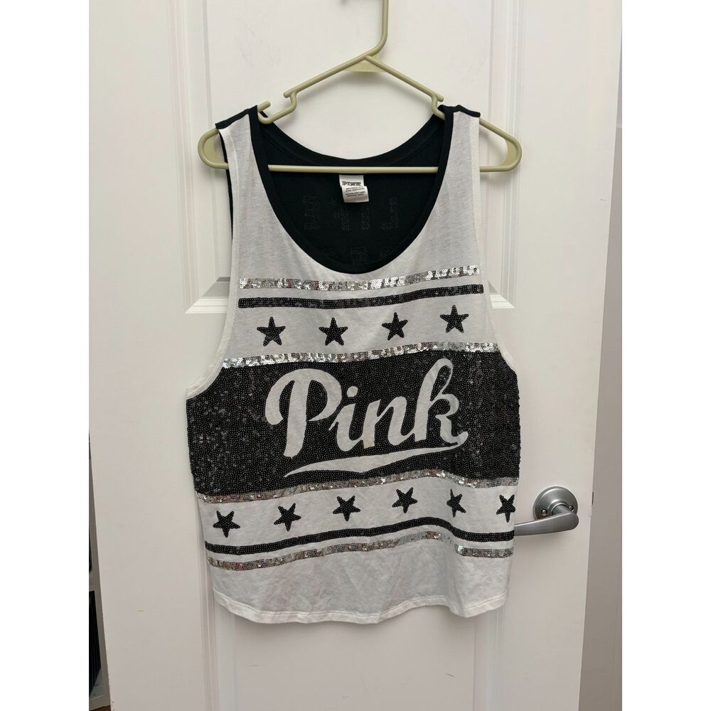 Y2K PINK Victoria Secret Sequin Tank Top L White Black Star Pursuit to Party